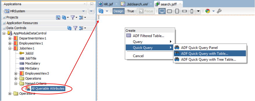 This screenshot shows the Data Controls window from where All Queriable Attributes is draagged and dropped to the Search page and Quick Query - ADF Quick Query Table is selected from the popup menu.