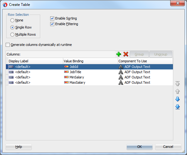 This screenshot shows the Create Table pane with the values selected as specified in the previous paragraph.