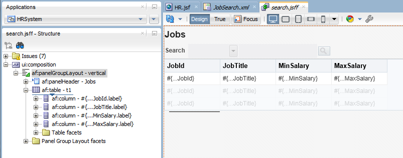 This screenshot shows panelGroupLayout selected in the Structure window and the Jobs table in the editor area.