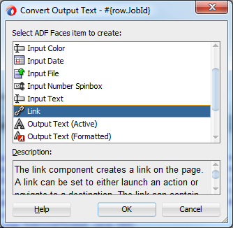 This screenshot shows the Link option selected in the Convert Output Text dialog.