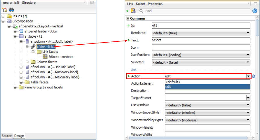 This screenshot shows the Link option selected in the Structure window and Common and Link section expanded in the Properties window. The Text and the Action properties are modified as specified in the paragraph above.