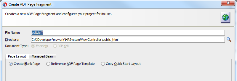 This screenshot shows the Create ADF Page Fragment with default values.