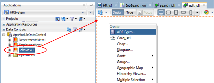 This screenshot shows the Data Controls page from where JobsView1 is dragged and dropped to the Edit page and ADF Form selected from the popup menu.