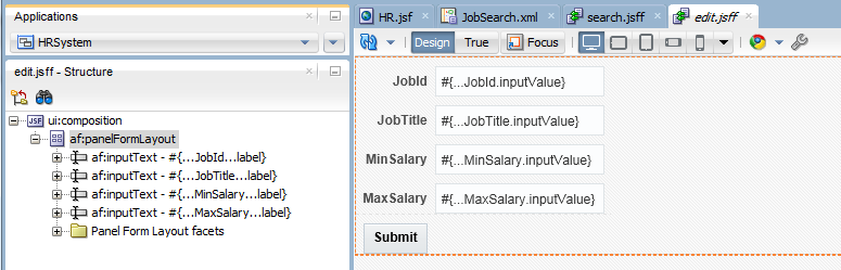 This screenshot shows the panelFormLayout selected in the Structure window and the Jobs table in Form layout with Submit button in the editor area.