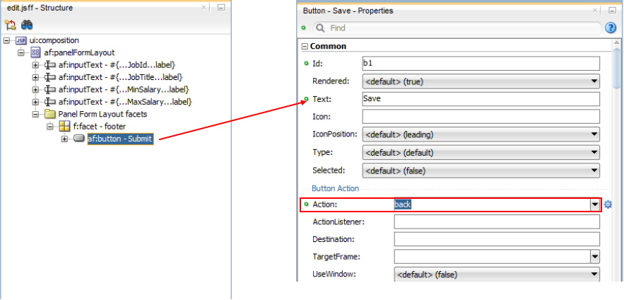 This screenshot shows the Submit button selected in the Structure window. It also shows the Properties window with Save specified in the Text field and back selected in the Action field.