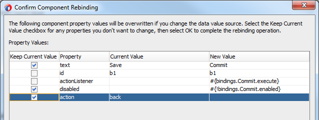 This screenshot shows the Confirm Component Rebinding dialog where the fields are selected as mentioned in the paragraph above.