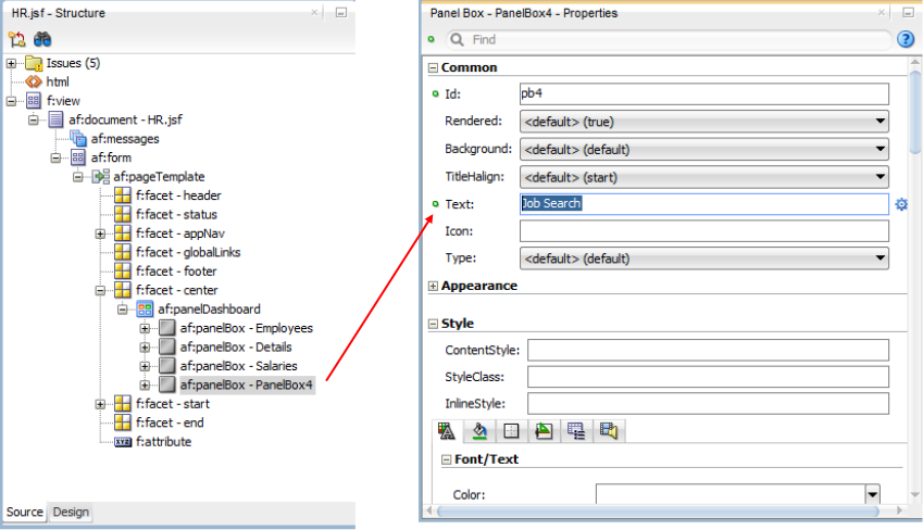 This screenshot shows the fourth panel box selected in the Structure window and the corresponding Properties window where the Text field is modified as specified in the paragraph above.