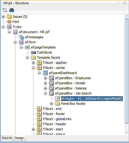 This screenshot shows the region nested under JobSearch panel box in the Structure window.