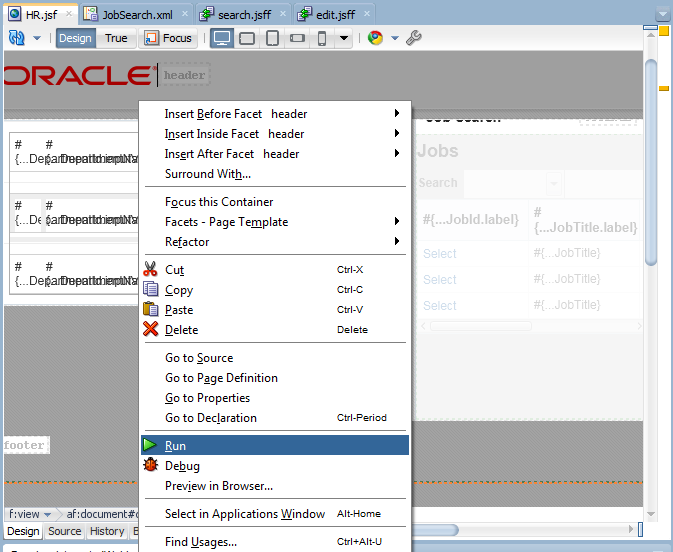 This screenshot shows the visual editor in the background and the menu command with Run selected to deploy the page to Web Logic Server.