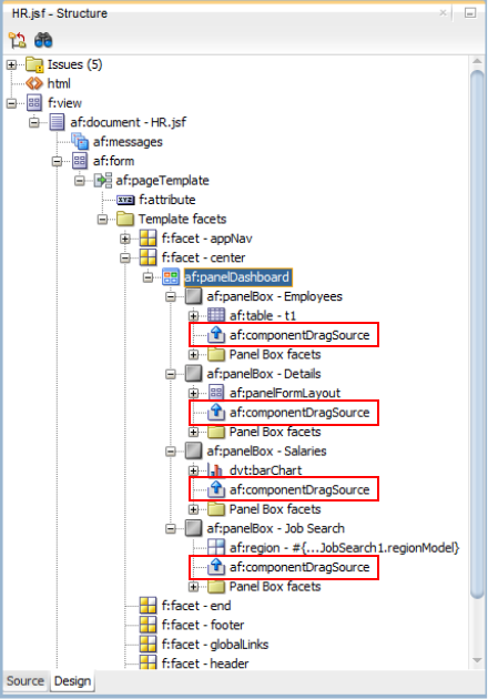 This screenshot shows the Structure window with the componentDragSource component added to all the four panle boxes.