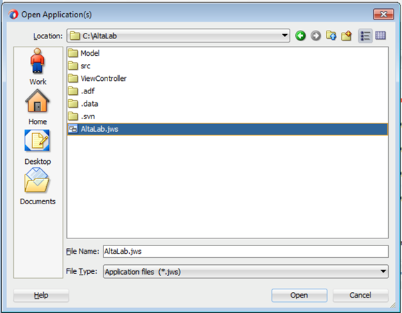 This screenshot shows the Open Applications window with the location as C : \ Alta Lab. The Alta Lab.j w s file is selected.
