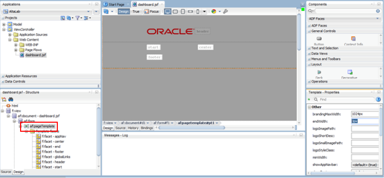 This screenshot shows the a f : page template option selected in the Structure pane.