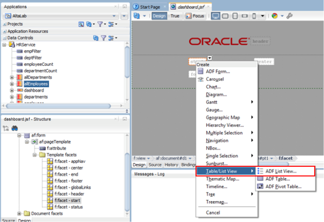 This screenshot shows where to drag and drop all Employees in the page editor. In the pop menu, Table/List View - ADF List    View option is selected.