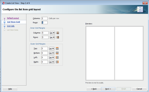 This screenshot shows the List Item Grid page of the wizard. Rows text box shows 1 in the right pane.
