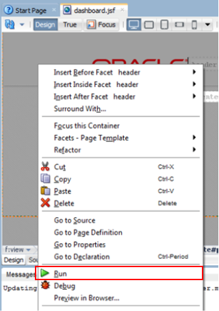 This screenshot shows the page editor context menu displayed on right click. The Run option is highlighted.