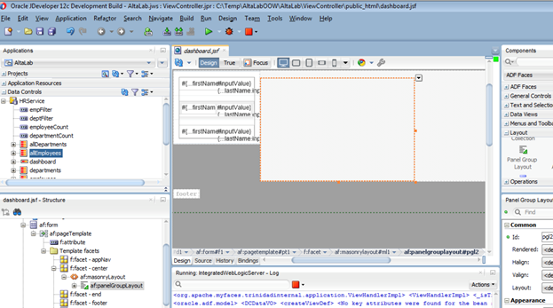 This screenshot shows the Panel Group Layout component added to the Masonry Layout in the Structure pane.