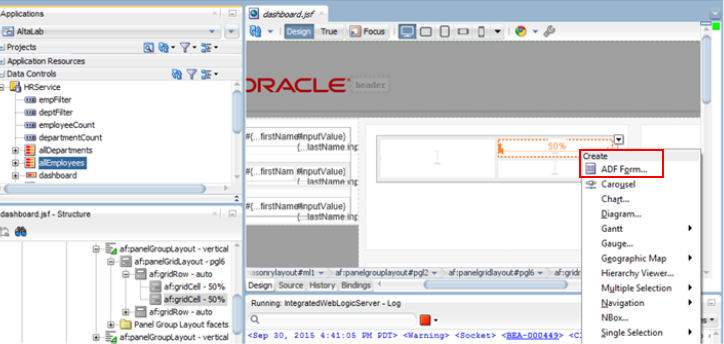 This screenshot shows step 3 of the wizard. It shows where to drag and drop all Employees from the Data Controls palette to   the Visual Editor. A Create context menu appears in which ADF Form is highlighted.