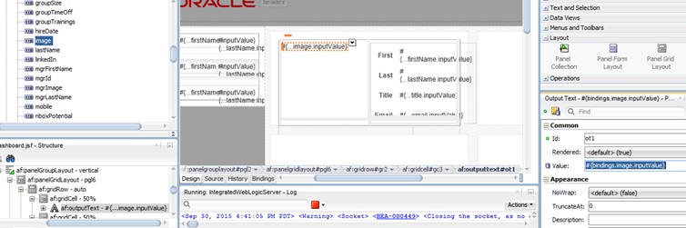 This screenshot shows the Properties pane for Output Text. The Value property reflects # { bindings . image . inputValue } .