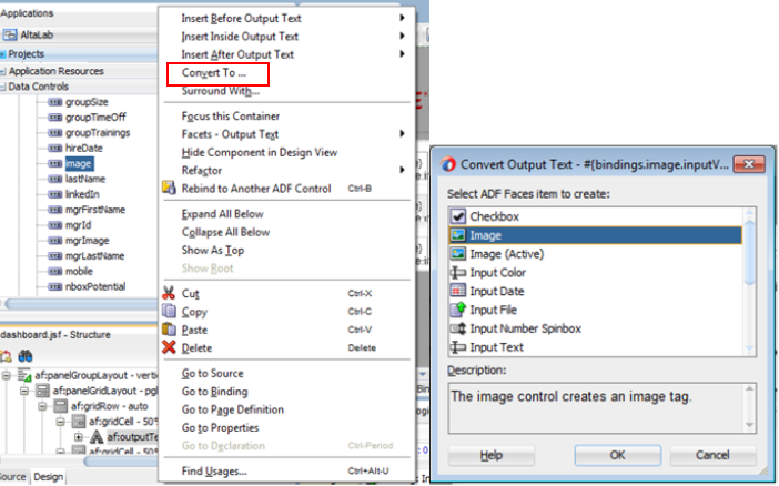 This screenshot shows the context menu for Output Text. The Convert To option is selected and in the Convert Output Text      dialog, Image option is selected.