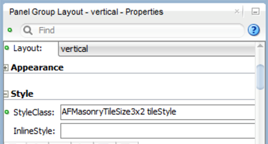This screenshot shows the Properties pane for the fourth Panel Group Layout. The Style Class property value is set to A F     Masonry Tile Size 3 x 2 tile Style.