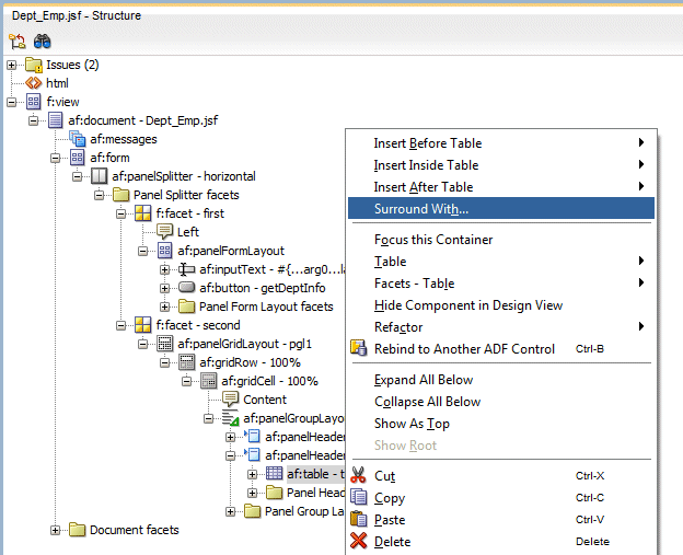 structure pane context menu