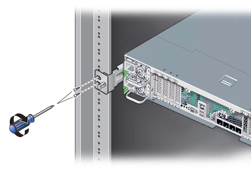 image:Figure showing how to secure the rear of the server into a                                 rack.