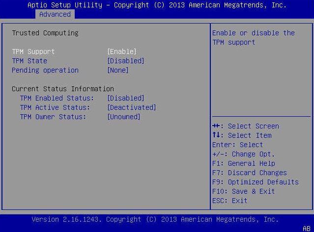 image:This figure shows the TPM Configuration screen with TPM support                                 enabled.