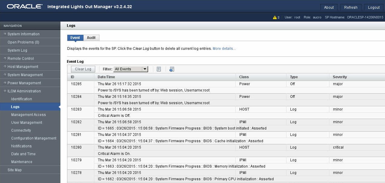 image:The illustration shows the Oracle ILOM event log                                 page.