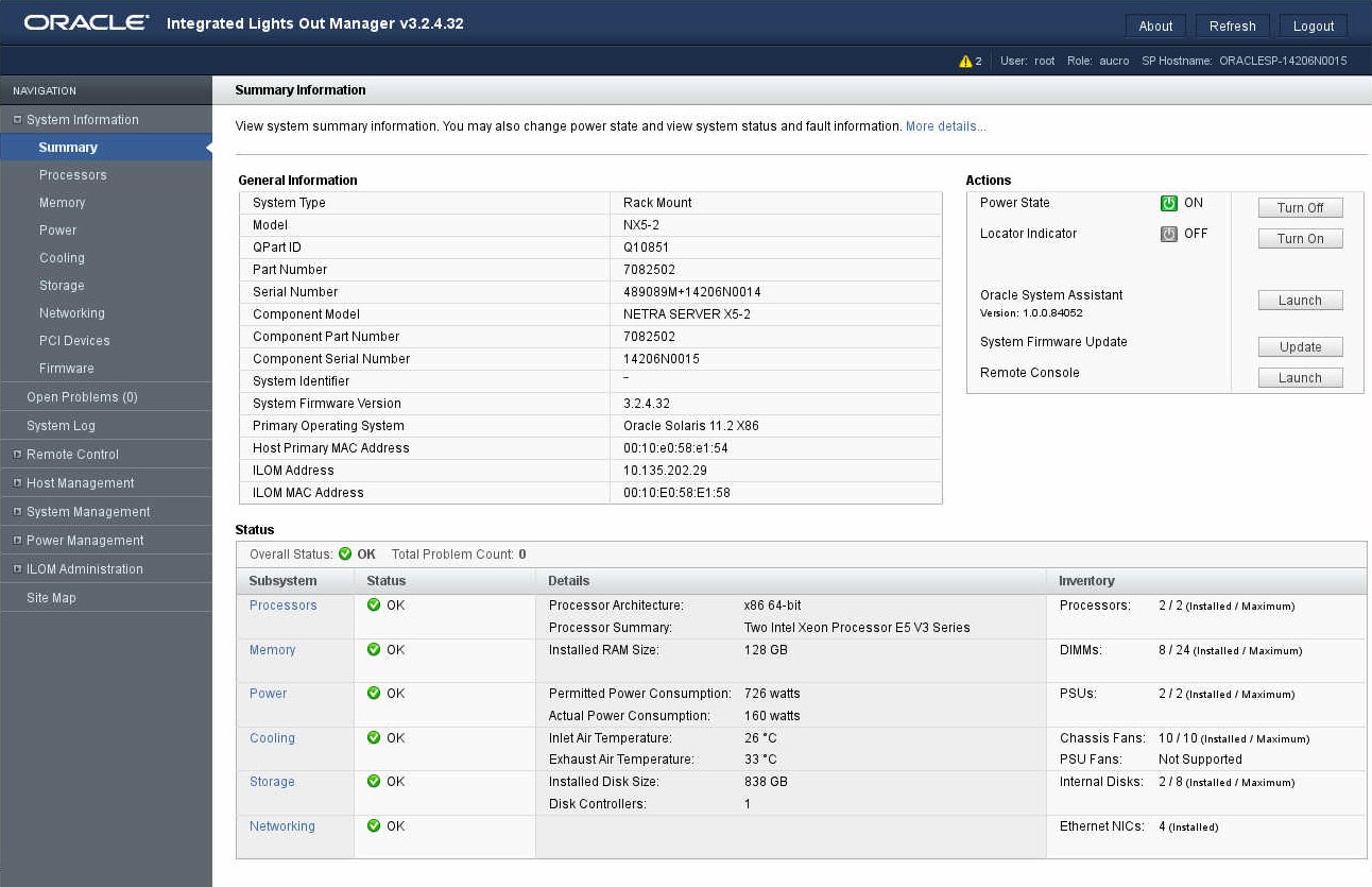 image:A figure showing the Oracle ILOM summary page.
