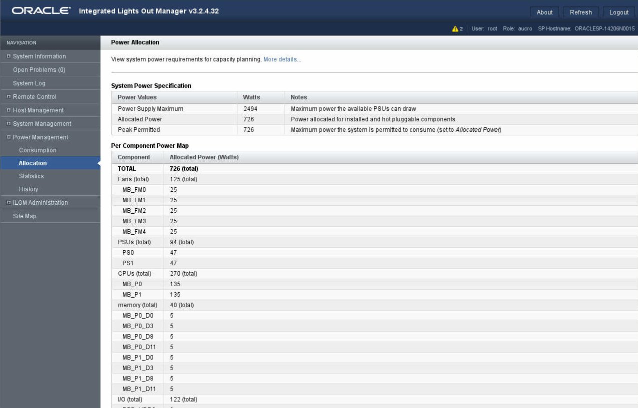 image:The illustration shows the Oracle ILOM power allocation                                 page.