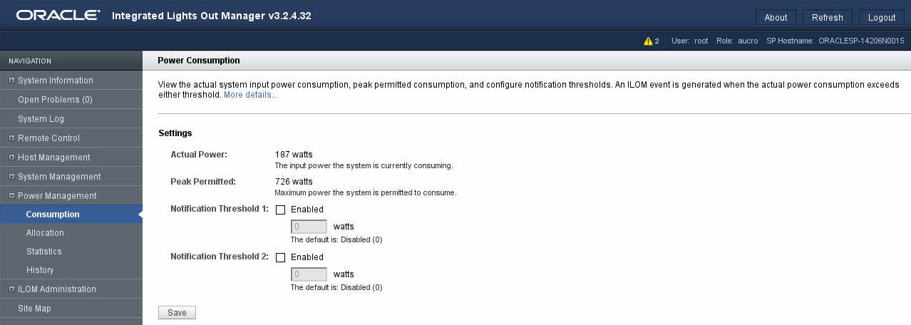 image:The illustration shows the Oracle ILOM power consumption                                 page.