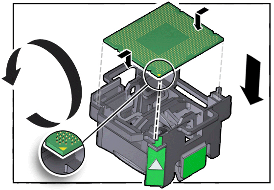image:The illustration shows lowering the CPU into the tool.