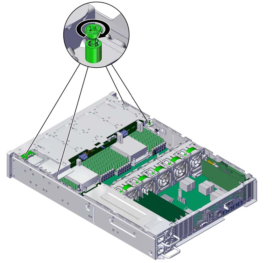 image:The illustration shows tightening the drive cage screws.