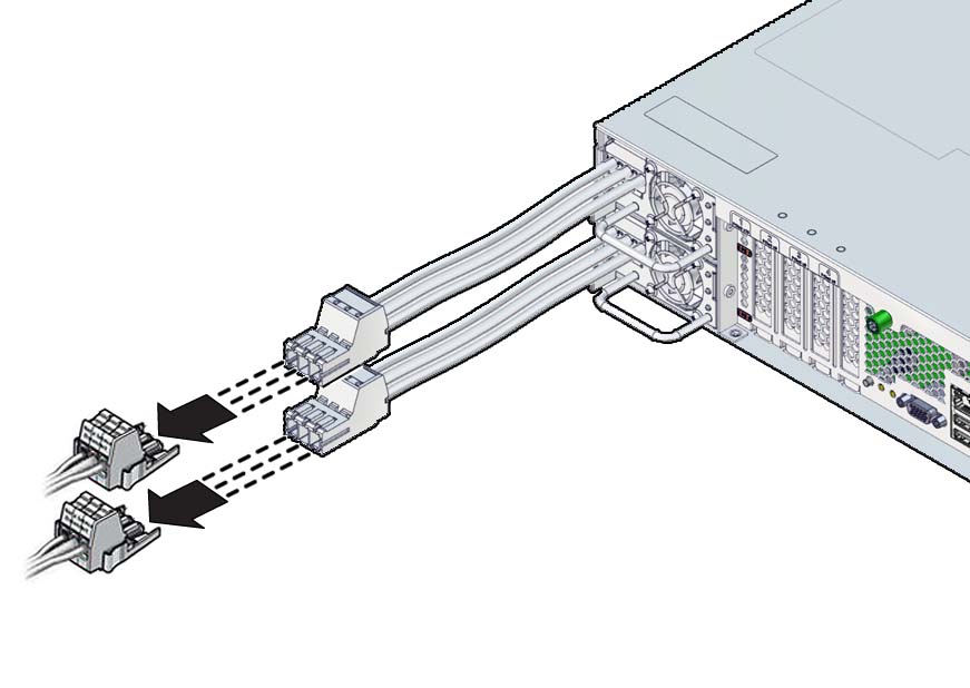 image:The illustration shows the DC power cords being                                 removed.