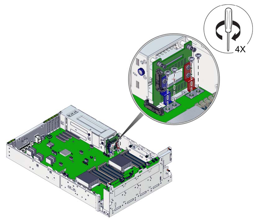 image:The illustration shows installing the four screws securing the PDB                             bus bars to the motherboard.