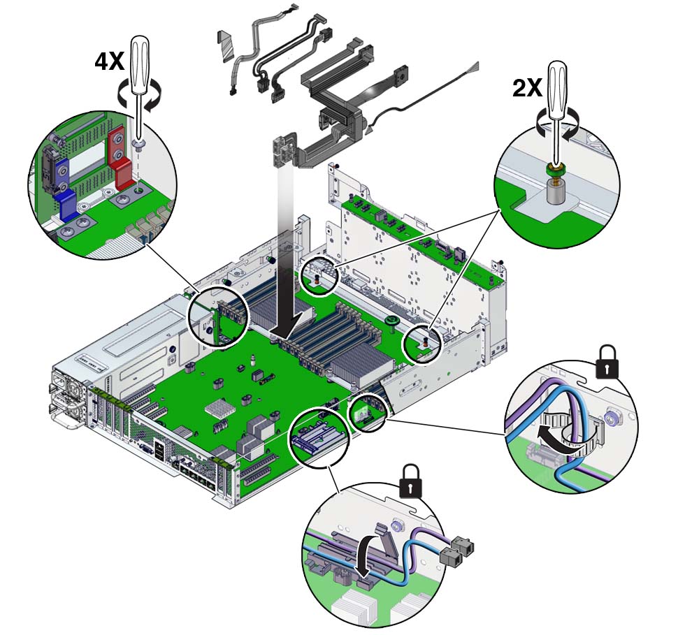 image:The illustration shows installing the cables and bus bar                             screws.