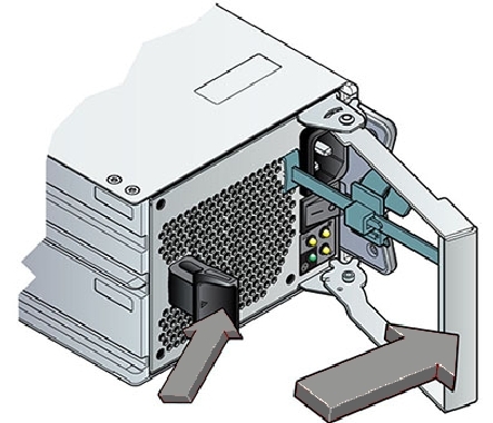 画像: レバーが開いた状態のストレージ・シェルフの電源装置の図。