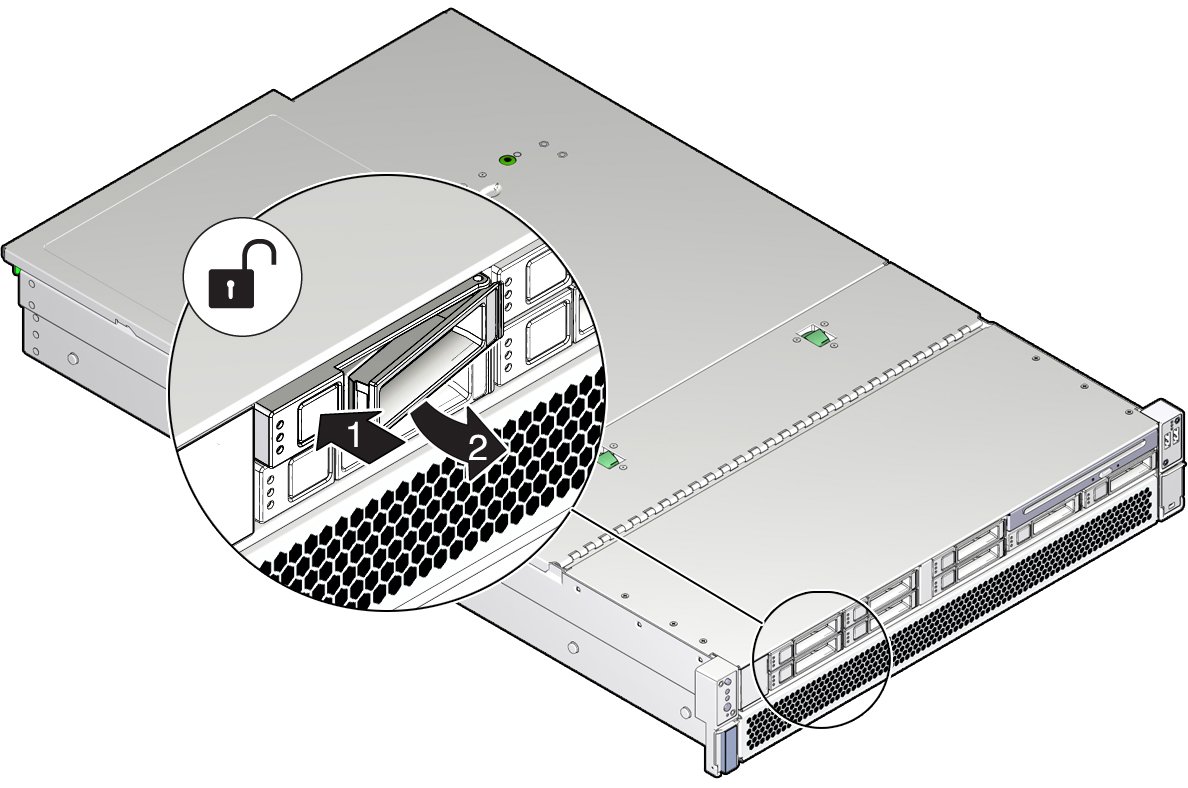 image:Figure showing how to start removing a drive by pushing a button to                             extend the latch.