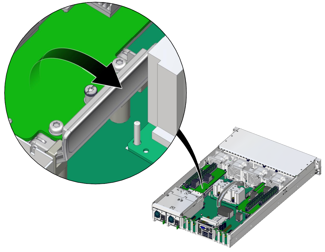 image:Figure showing how to lift the handle to release the memory riser                             from the connector.