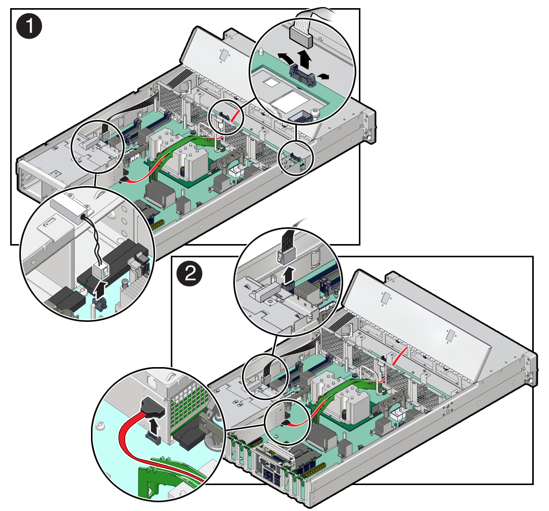image:Figure showing how to remove the motherboard, focusing on                     disconnecting cables.