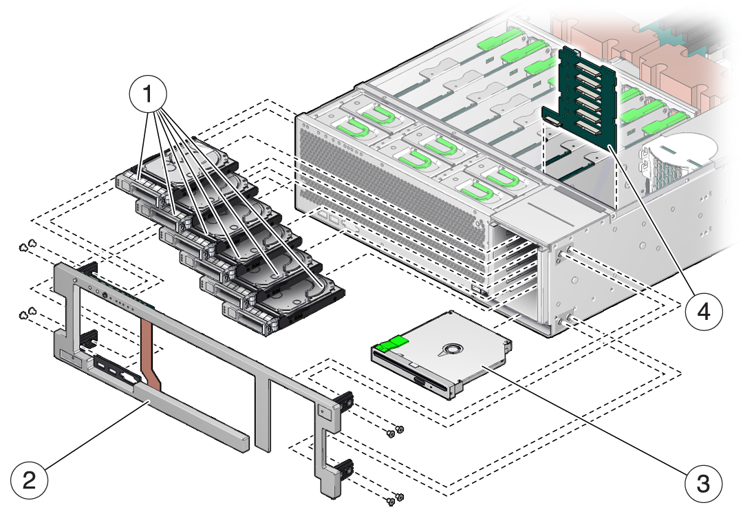 image:Exploded view showing the server's I/O and storage components.