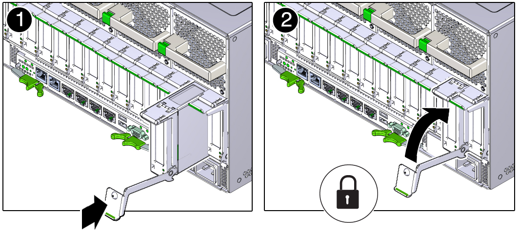 image:Graphic showing how to latch a card carrier in place.
