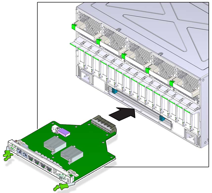 image:Graphic showing how to remove the rear I/O module from the                             server.