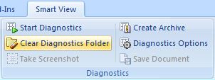 Figure shows the Diagnostics group of commands available in the Smart View ribbon. The commands available by default are Start Diagnostics, Clear Diagnostics Folder, Create Archive, and Diagnostics Options. The Take Screenshot command is disabled until diagnostics are started.