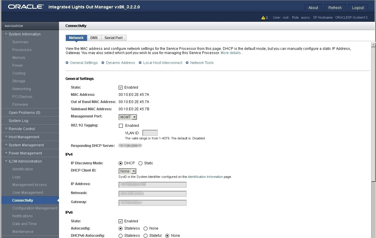 image:Imagen de la página Network Settings (Configuración de red), que se puede utilizar para ver y establecer las configuraciones de red IPv4 e IPv6.