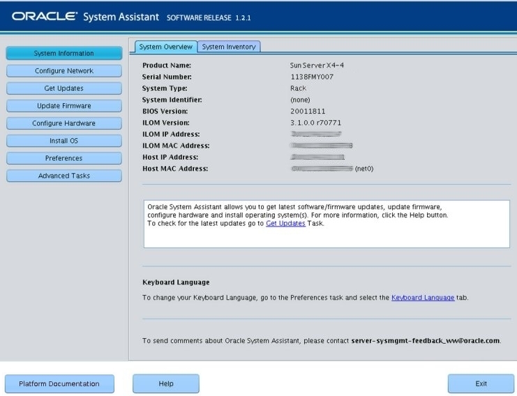 image:Pantalla principal de Oracle System Assistant