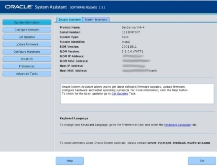image:Gráfico que muestra la pantalla System Overview (Descripción general del sistema) de Oracle System Assistant.