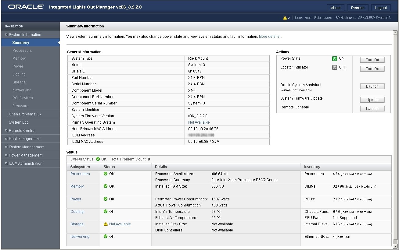 image:Captura de pantalla en la que se muestra la pantalla Summary (Resumen) de Oracle ILOM.