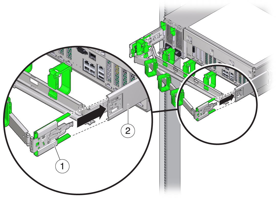 image:Image représentant le connecteur de la glissière du module de fixation des câbles s'insérant à l'arrière de la glissière droite.