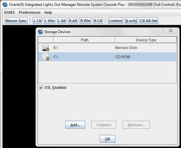 image:Capture d'écran illustrant le stockage connecté Oracle ILOM Remote Console Plus